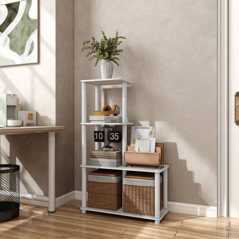 Left facing of a four-shelf modular shelving unit with support rods in a room with accessories