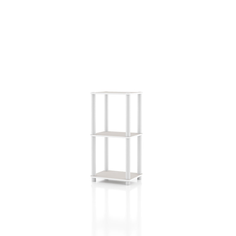 Left facing of a two-shelf modular shelving unit on a white background
