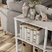 Left facing of the corner of a four-shelf modular shelving unit with support rods in a room with accessories