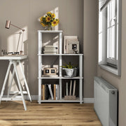 Front facing of a five-shelf modular shelving unit with support rods in a room with accessories