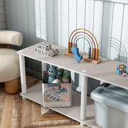 Left facing of the corner of a two-shelf modular shelving unit with support rods in a room with accessories