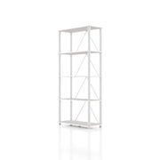 Left facing of a four-shelf modular shelving unit with support rods on a white background