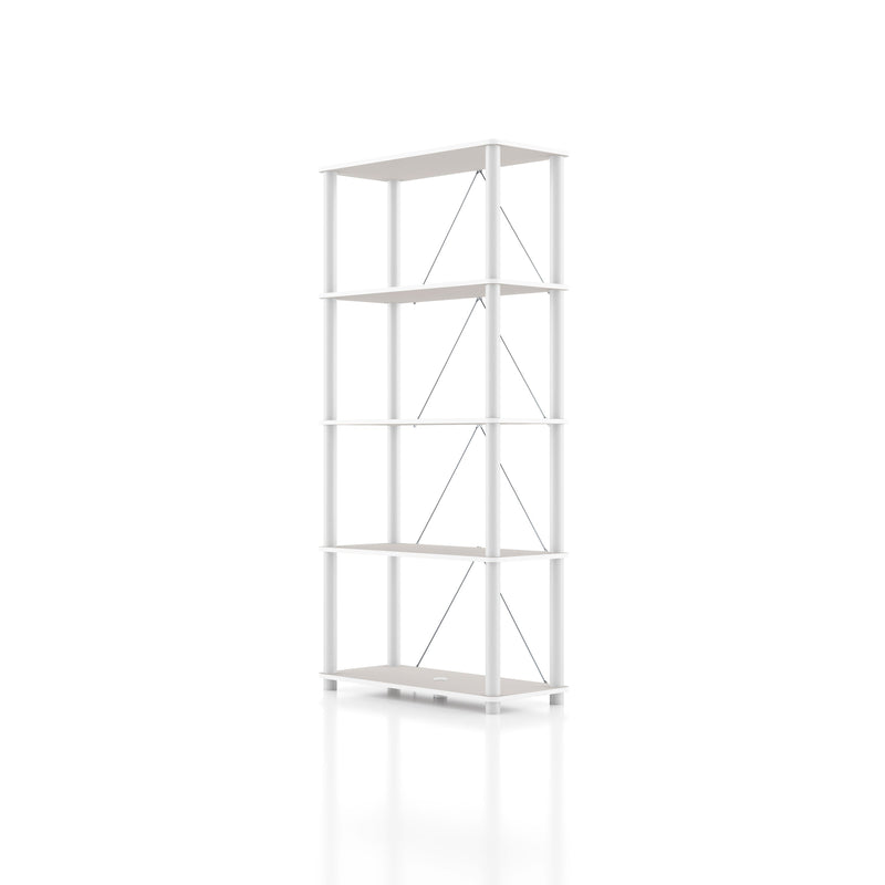 Left facing of a four-shelf modular shelving unit with support rods on a white background