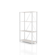 Left facing of a three-shelf modular shelving unit with support rods on a white background