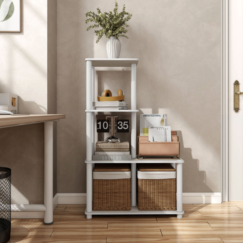 Front facing of a four-shelf modular shelving unit with support rods in a room with accessories