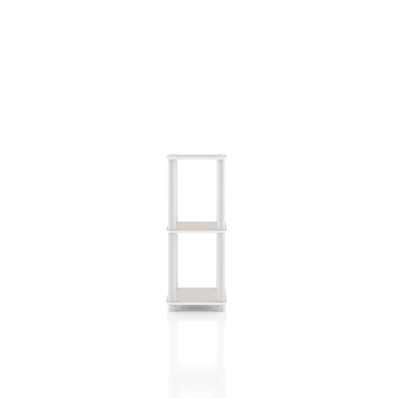Left side facing of a two-shelf modular shelving unit on a white background