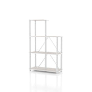 Left facing of a five-shelf modular shelving unit with support rods on a white background