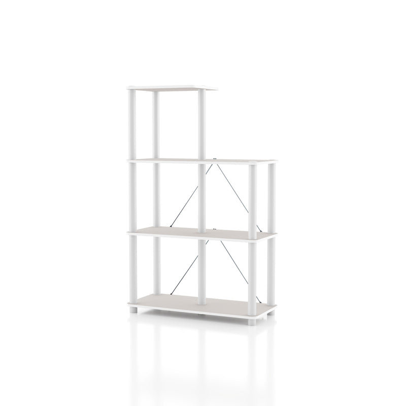 Left facing of a five-shelf modular shelving unit with support rods on a white background