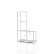Left facing of a four-shelf modular shelving unit with support rods on a white background