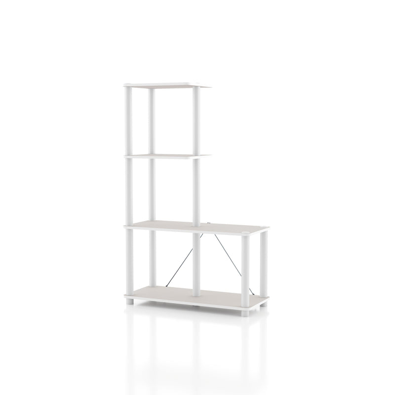 Left facing of a four-shelf modular shelving unit with support rods on a white background