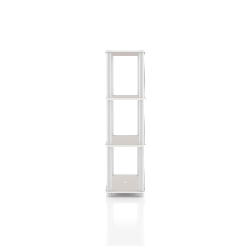 Left side facing of a three-shelf modular shelving unit with support rods on a white background