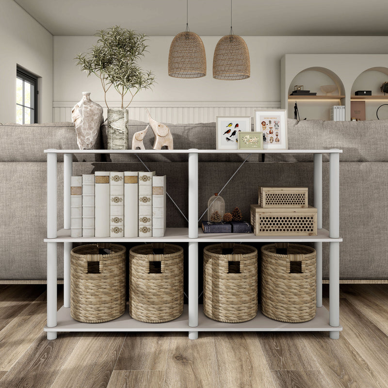 Front facing of a four-shelf modular shelving unit with support rods in a room with accessories