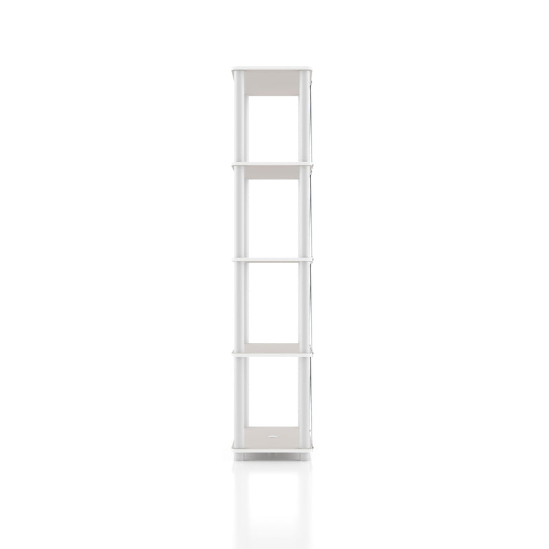 Left side facing of a four-shelf modular shelving unit with support rods on a white background