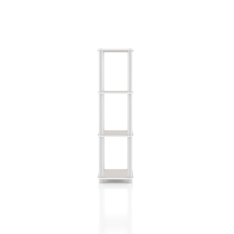Left side facing of a three-shelf modular shelving unit on a white background