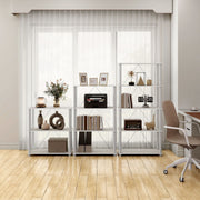 Front facing of three various wide-shelf modular shelving unit with support rods in a room with accessories