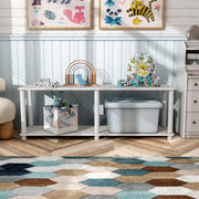 Front facing of a two-shelf modular shelving unit with support rods in a room with accessories