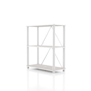 Left facing of a two-shelf modular shelving unit with support rods on a white background