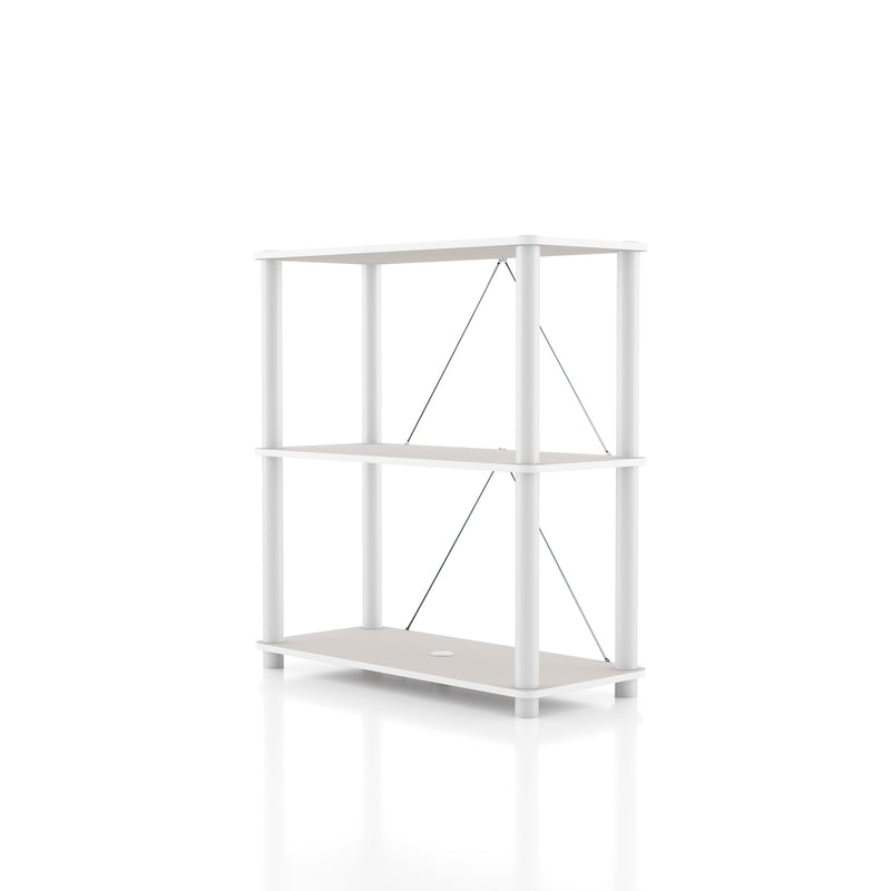 Left facing of a two-shelf modular shelving unit with support rods on a white background