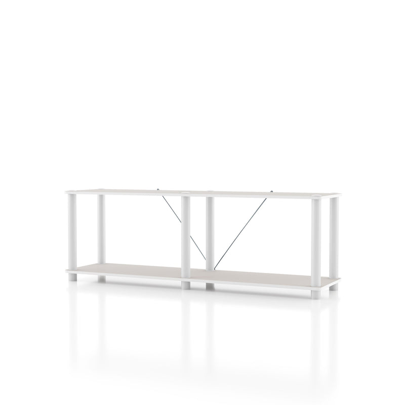 Left facing of a two-shelf modular shelving unit with support rods on a white background