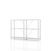 Left facing of a four-shelf modular shelving unit with support rods on a white background