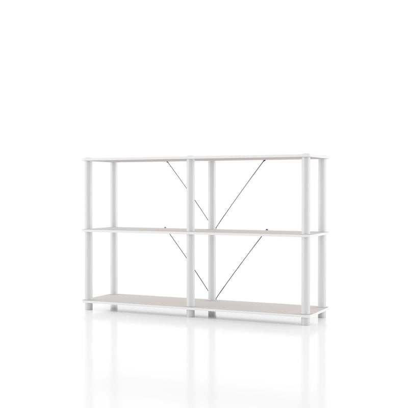 Left facing of a four-shelf modular shelving unit with support rods on a white background