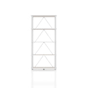 Front facing of a four-shelf modular shelving unit with support rods on a white background