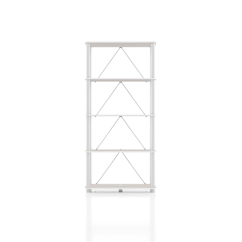 Front facing of a four-shelf modular shelving unit with support rods on a white background