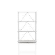 Front facing of a three-shelf modular shelving unit with support rods on a white background