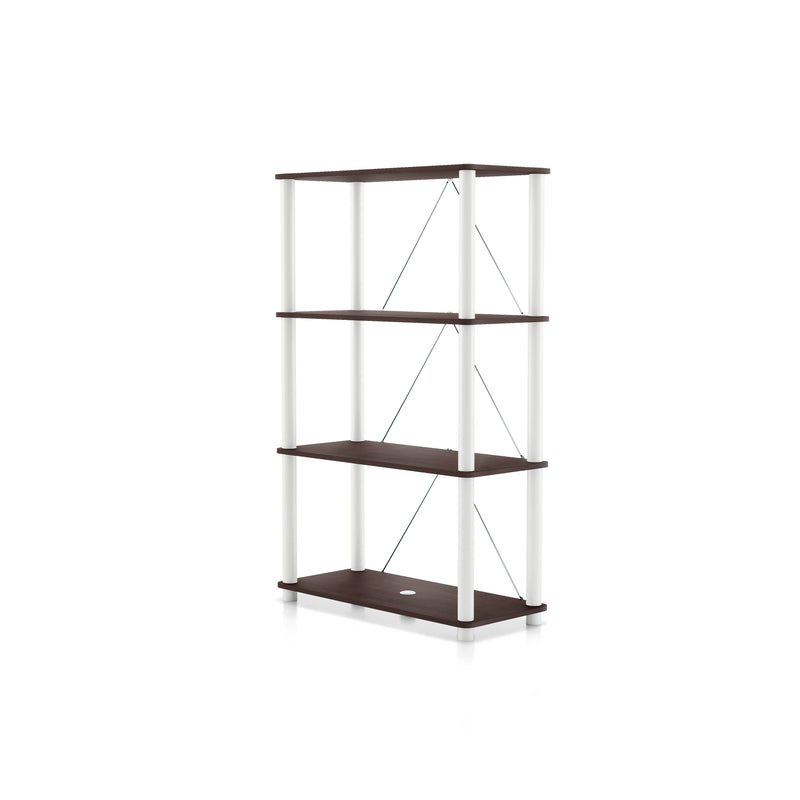 Left facing of a three-shelf modular shelving unit with support rods on a white background