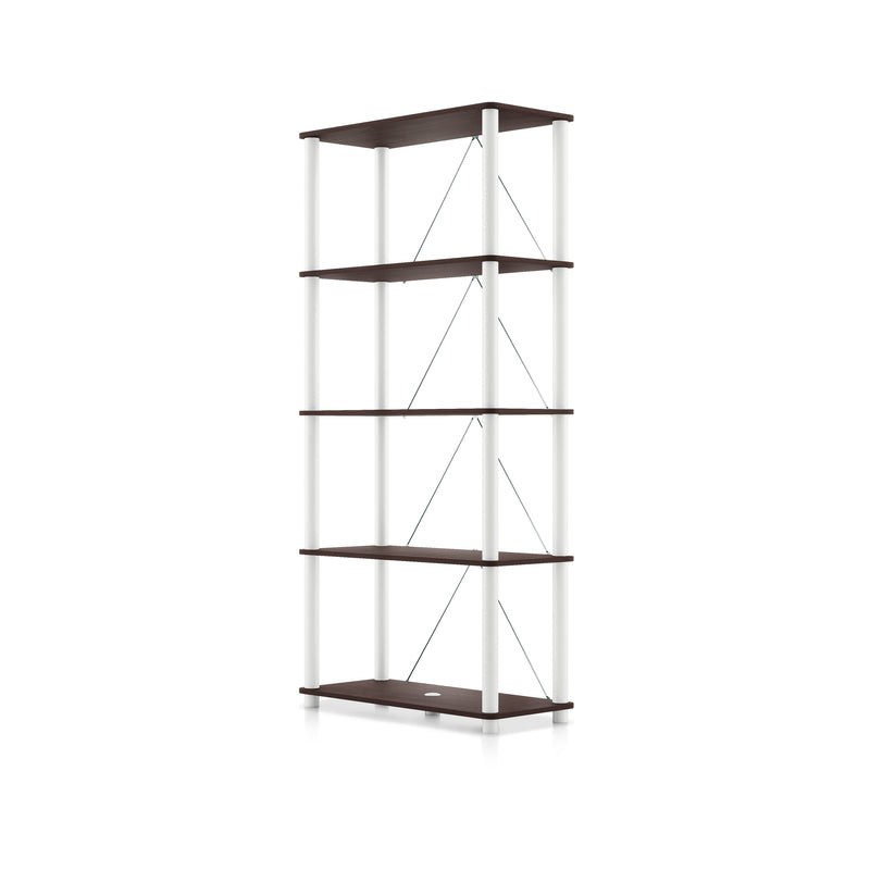 Left facing of a four-shelf modular shelving unit with support rods on a white background