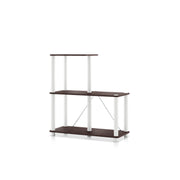 Left facing of a three-shelf modular shelving unit with support rods on a white background