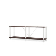 Left facing of a two-shelf modular shelving unit with support rods on a white background