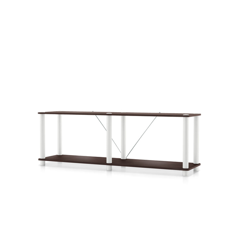 Left facing of a two-shelf modular shelving unit with support rods on a white background