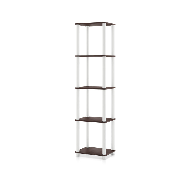 Left facing of a four-shelf modular shelving unit on a white background
