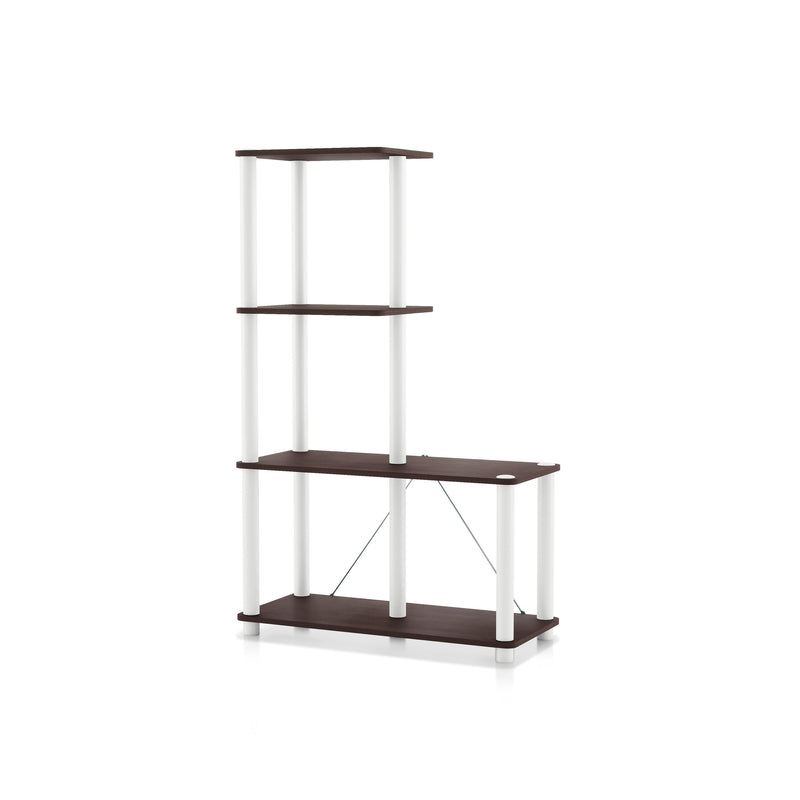 Left facing of a four-shelf modular shelving unit with support rods on a white background