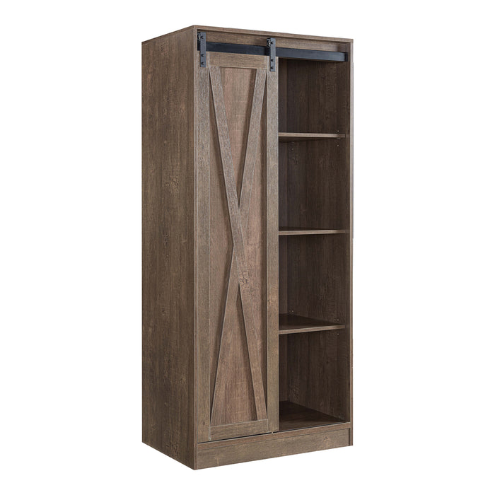 Hyde Rustic Barndoor Walnut Oak Armoire and LED Pipe Framed Mirror Set