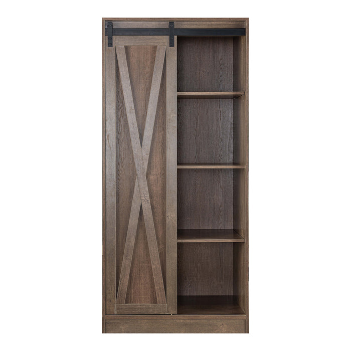 Hyde Rustic Barndoor Walnut Oak Armoire and LED Pipe Framed Mirror Set