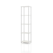 Left facing of a four-shelf modular shelving unit on a white background