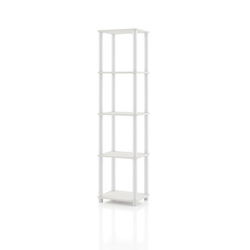 Left facing of a four-shelf modular shelving unit on a white background
