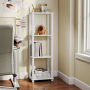 Right facing of a two-shelf modular shelving unit in a room with accessories