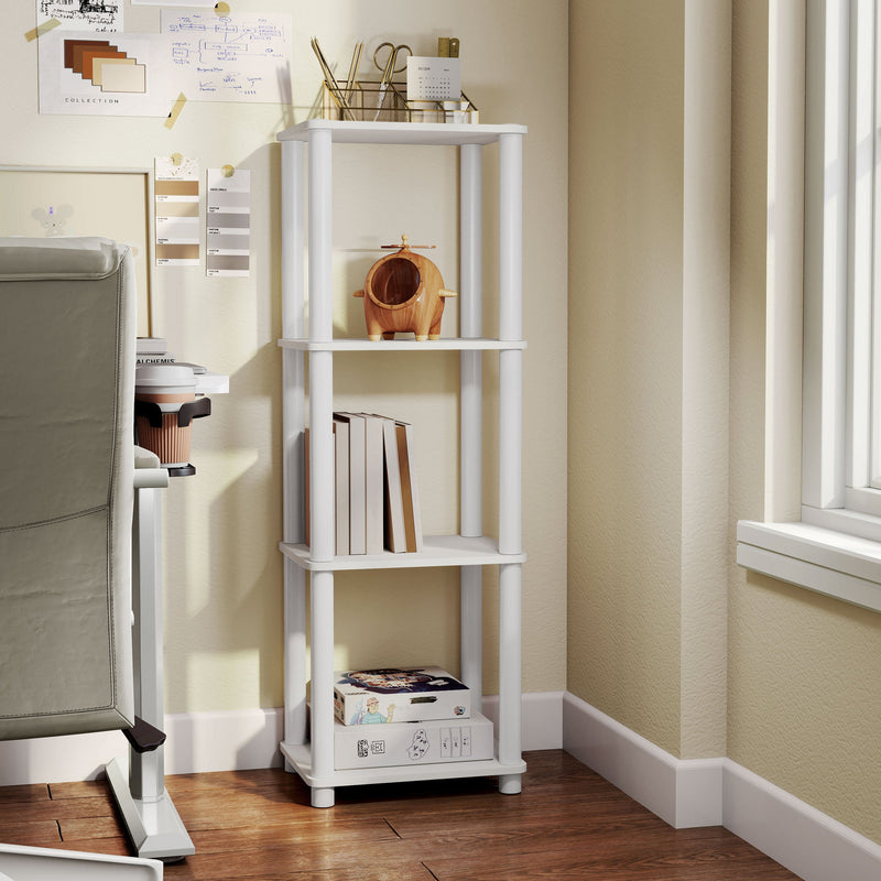 Right facing of a two-shelf modular shelving unit in a room with accessories