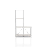 Front facing of a four-shelf modular shelving unit with support rods on a white background