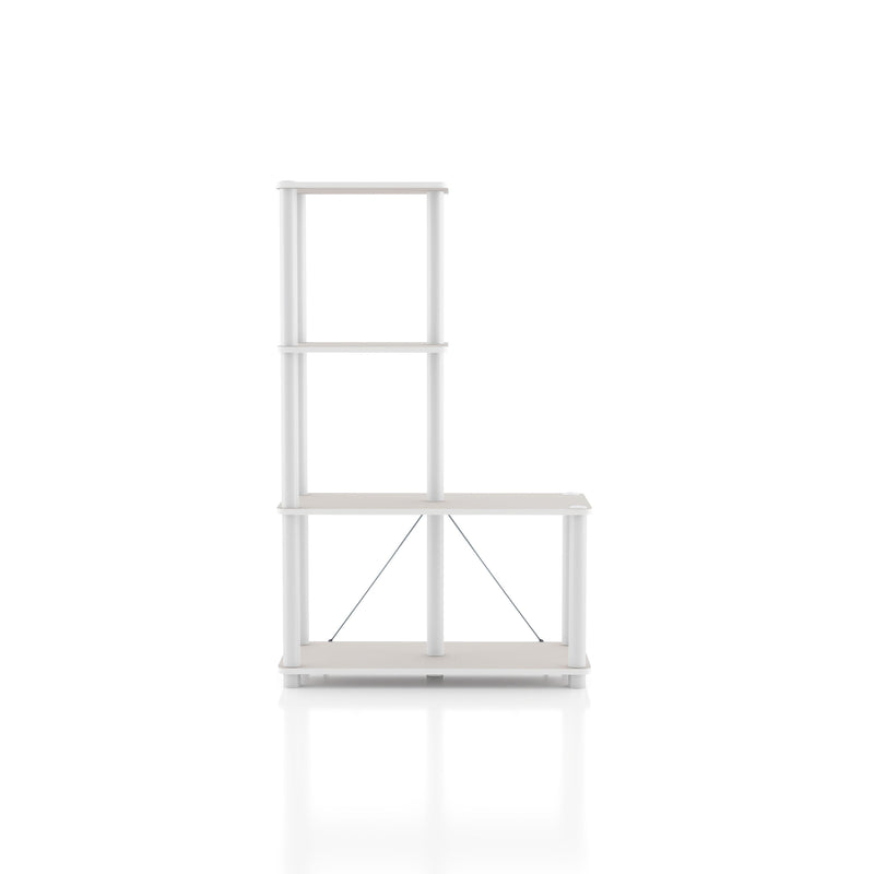 Front facing of a four-shelf modular shelving unit with support rods on a white background