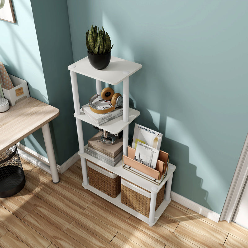 Left facing high-camera view of a four-shelf modular shelving unit with support rods in a room with accessories