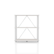 Front facing of a two-shelf modular shelving unit with support rods on a white background