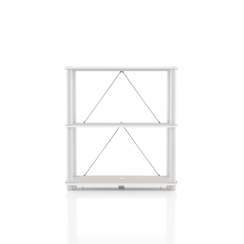 Front facing of a two-shelf modular shelving unit with support rods on a white background