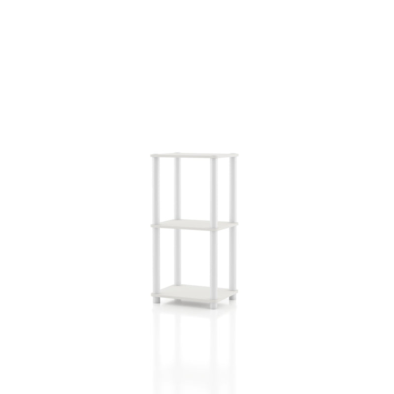 Left facing of a two-shelf modular shelving unit on a white background