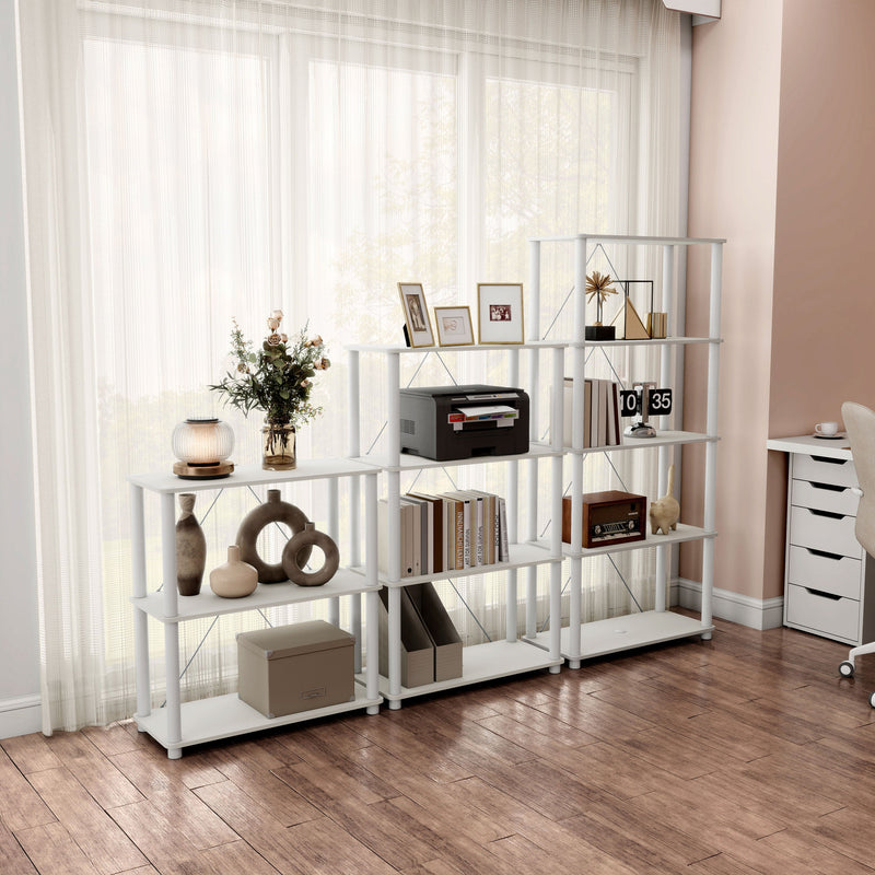Right facing of three shelf modular shelving units with support rods in a room with accessories