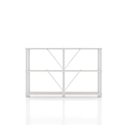 Front facing of a four-shelf modular shelving unit with support rods on a white background
