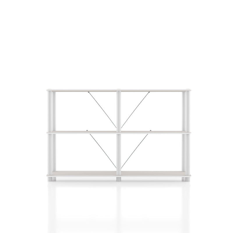Front facing of a four-shelf modular shelving unit with support rods on a white background